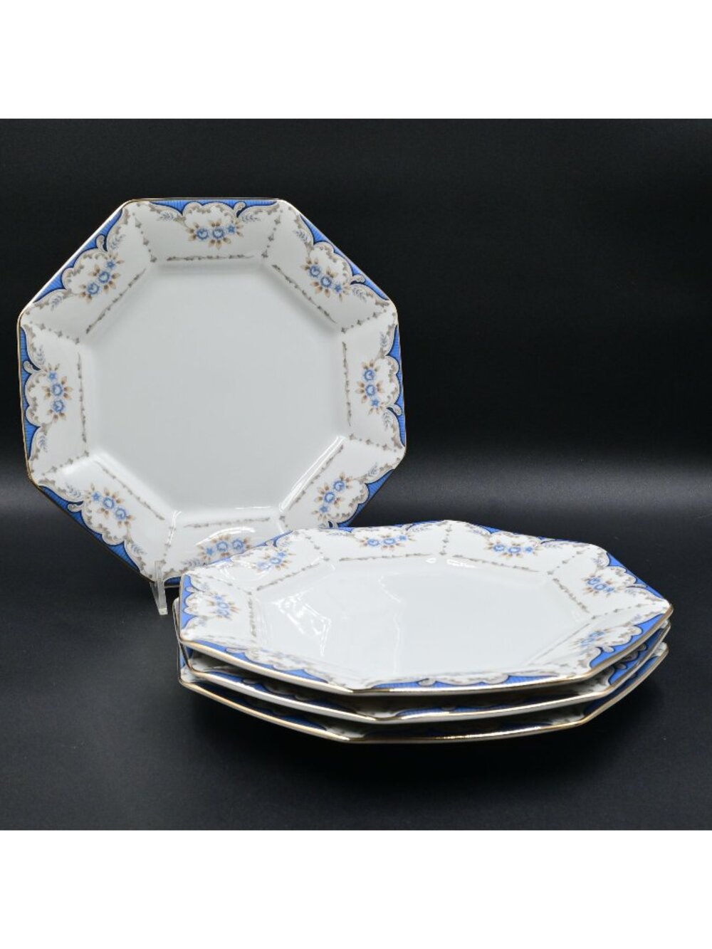Seizan Mood Indigo 7936 Octagonal Blue Floral Dinner Plates Set of 4 Vintage 10"